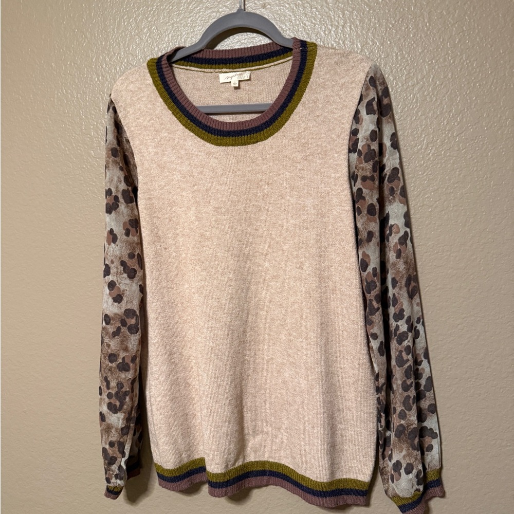 Beige Sweater with Sheer Animal Print Patterned Sleeves